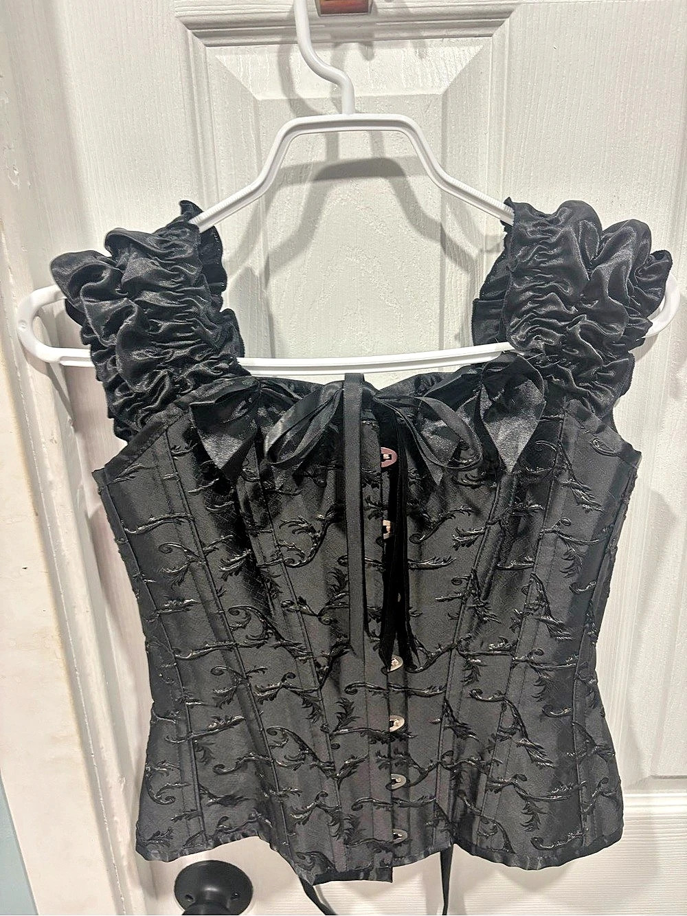 Corset Story Black Brocade Overbust Corset Top with Off-the-Shoulder Ruffle Slee